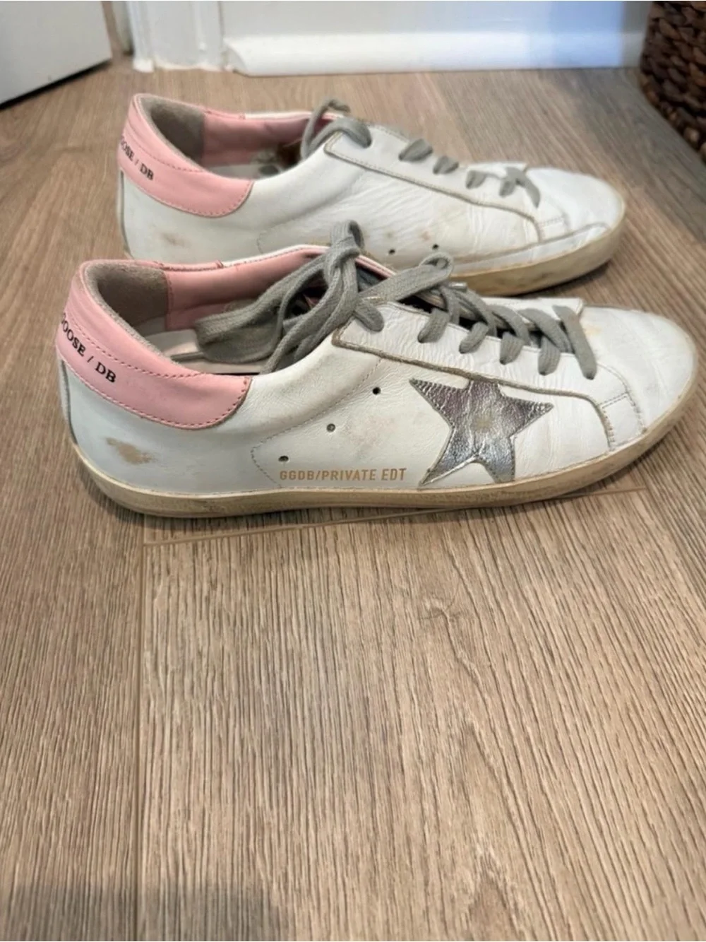 Golden Goose Superstar Sneakers with Pink Trim and Gray Star